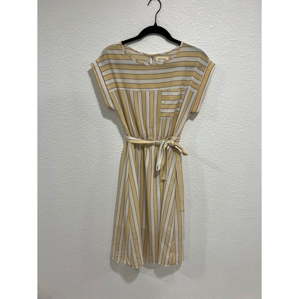 Monteau Los Angeles Yellow White Striped Tie Waist Midi Dress Womens Medium